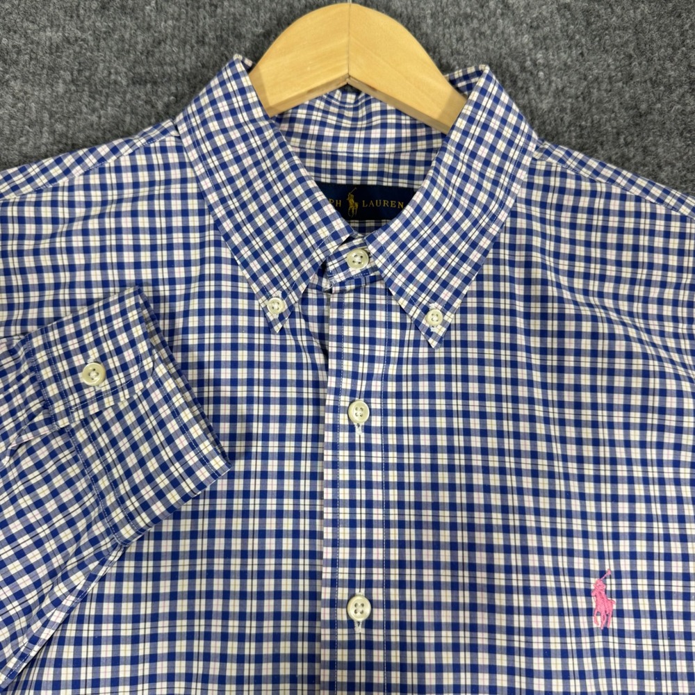Polo Ralph Lauren Gingham Plaid Button Down Mens XL Blue White 100% Cotton EUC